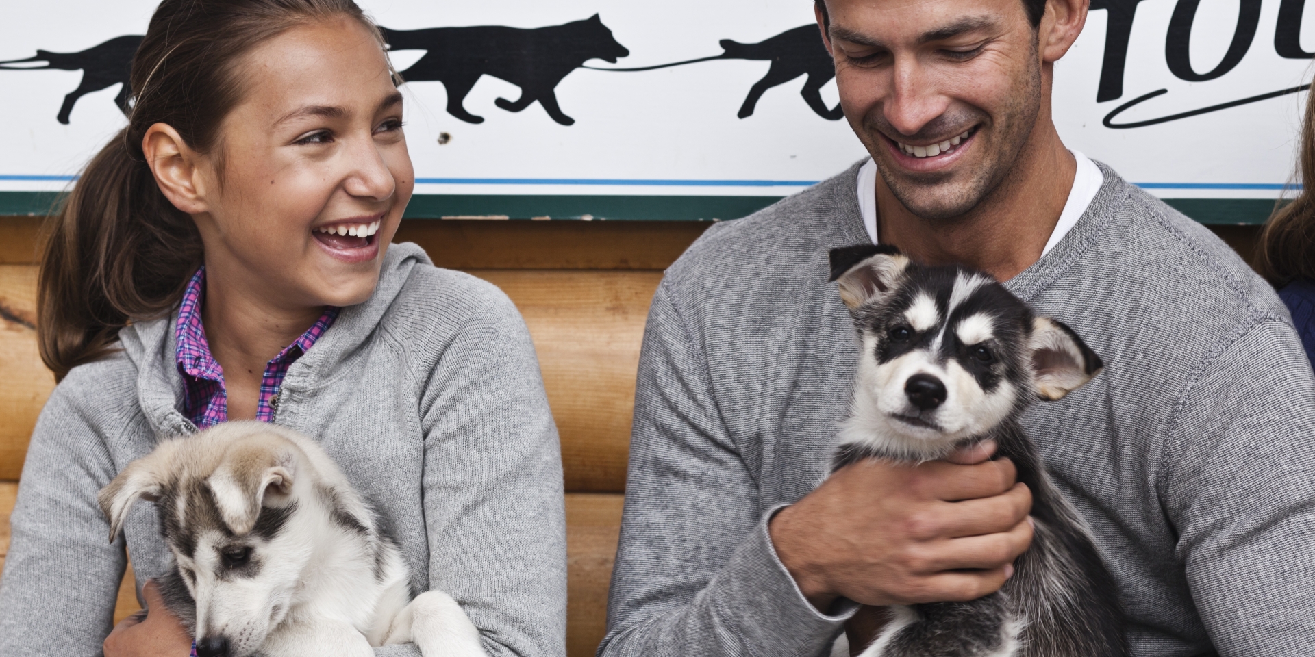two people holding two puppies